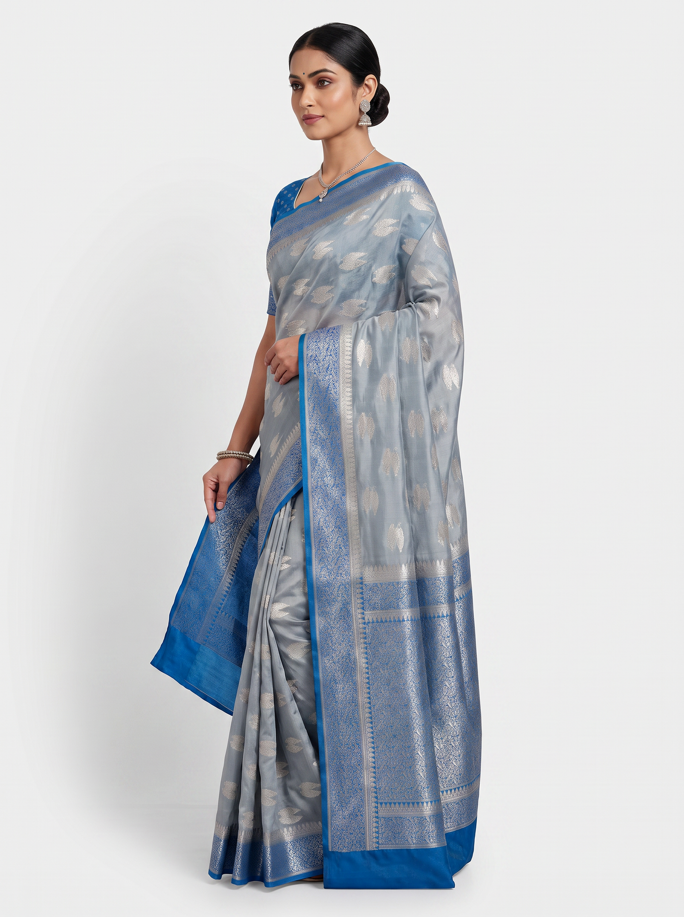 Meenakshi Silk Saree | Teal Blue + Grey Festive Silk | Contrast Border | Reshmi Sarees image 2