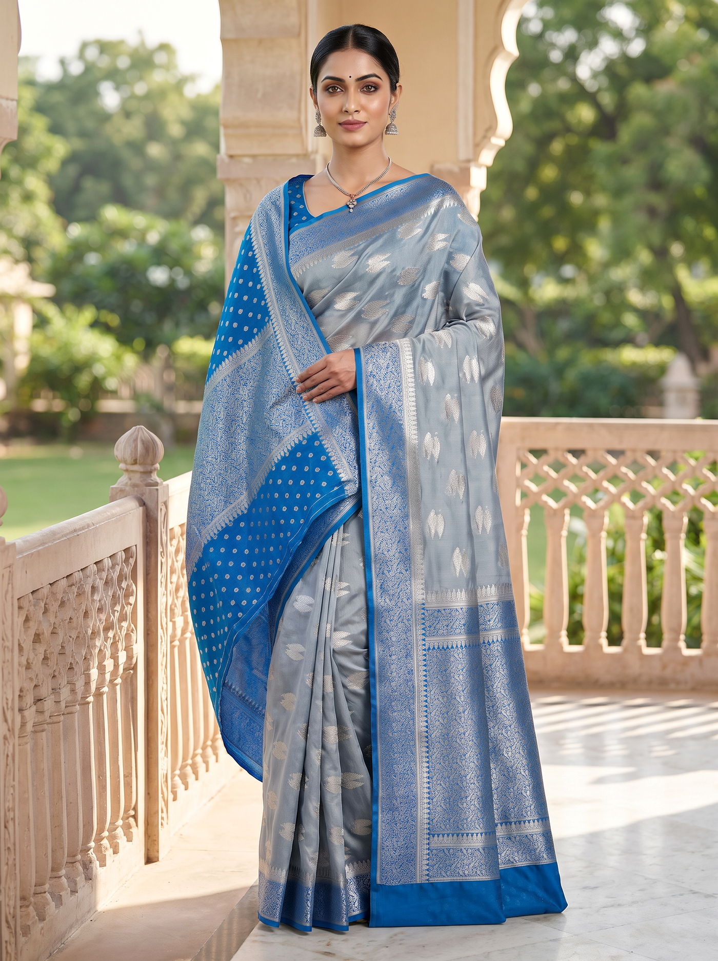 Meenakshi Silk Saree | Teal Blue + Grey Festive Silk | Contrast Border | Reshmi Sarees image 4