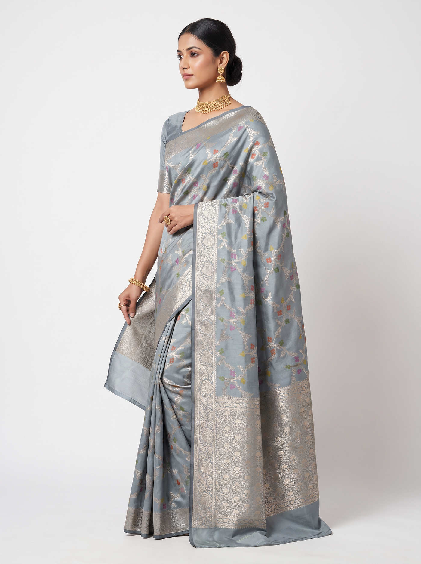 Meenakshi Silk Saree | Teal Blue + Grey + Peach Festive Silk | Contrast Border | Reshmi Sarees image 2
