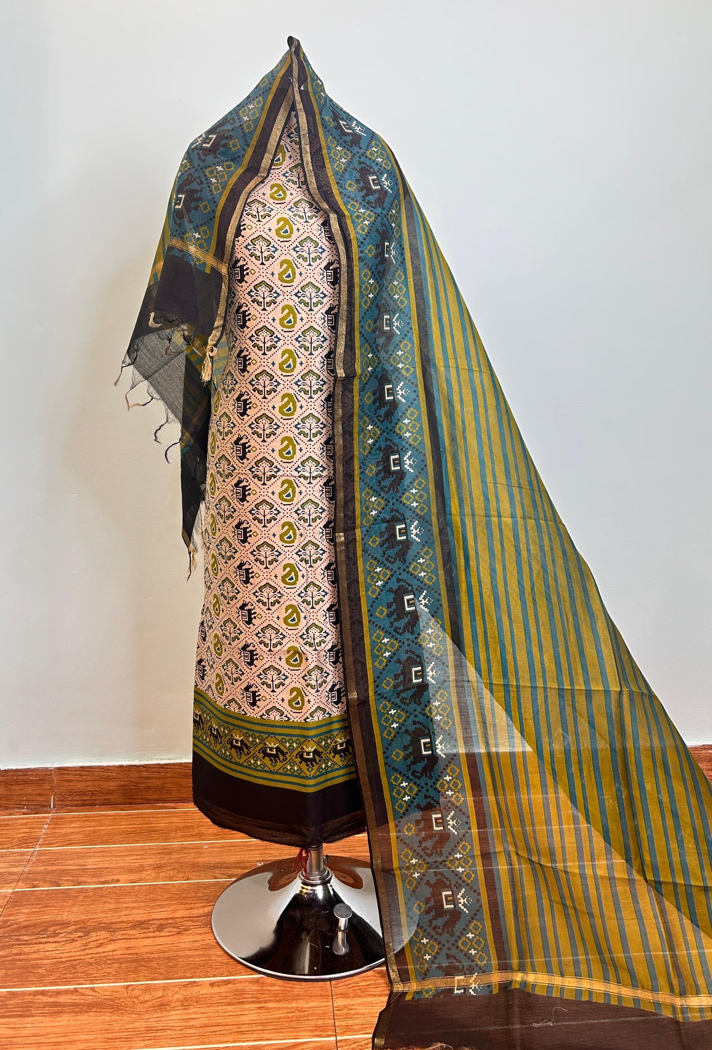 Off White + Ochre + Teal Blue + Golden Maheshwari silk suit material unstitched 3 piece set