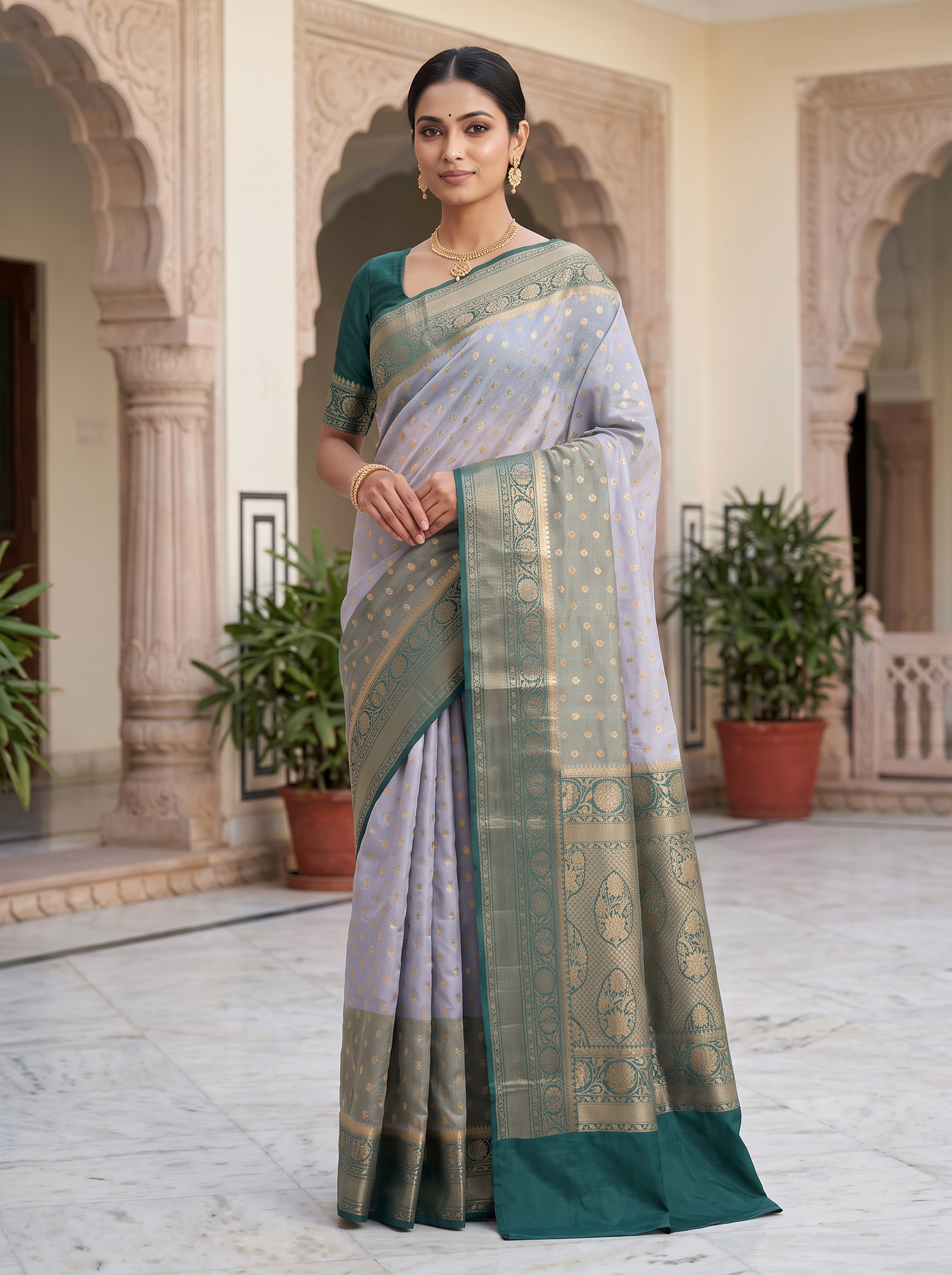 Meenakshi Silk Saree | Golden + Beige + Honey Yellow Festive Silk | Golden Zari Border | Reshmi Sarees image 4