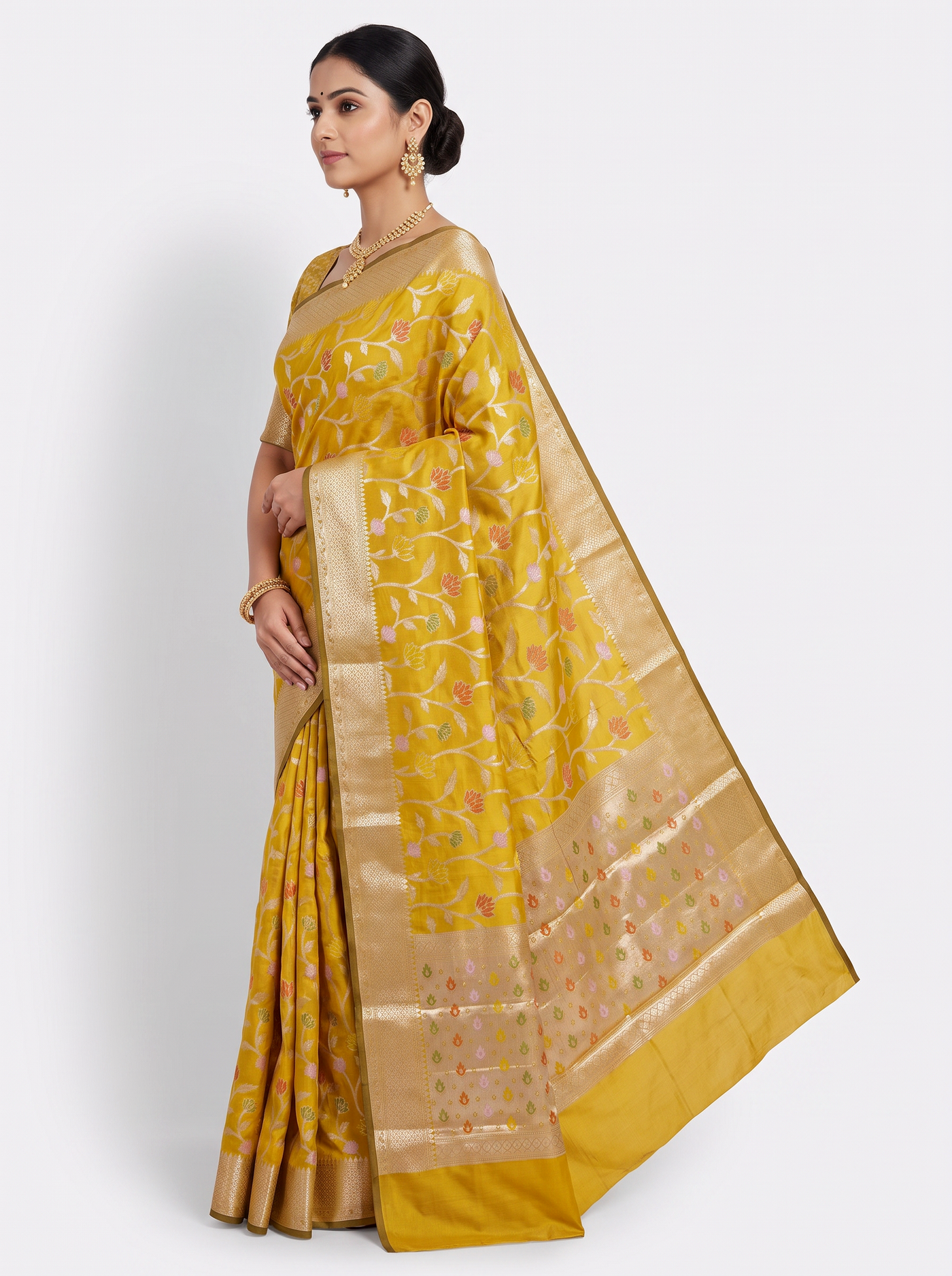Meenakshi Silk Saree | Golden + Turmeric Yellow Festive Silk | Golden Zari Border | Reshmi Sarees image 2