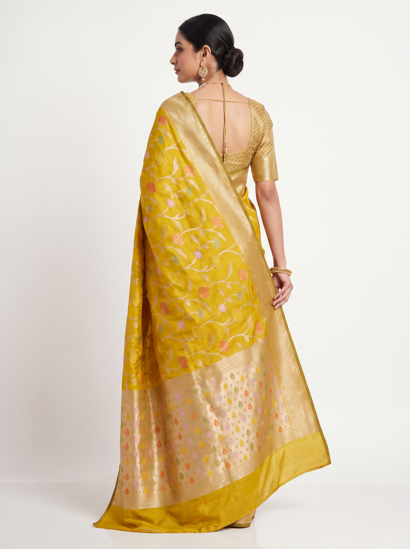 Meenakshi Silk Saree | Golden + Turmeric Yellow Festive Silk | Golden Zari Border | Reshmi Sarees image 3