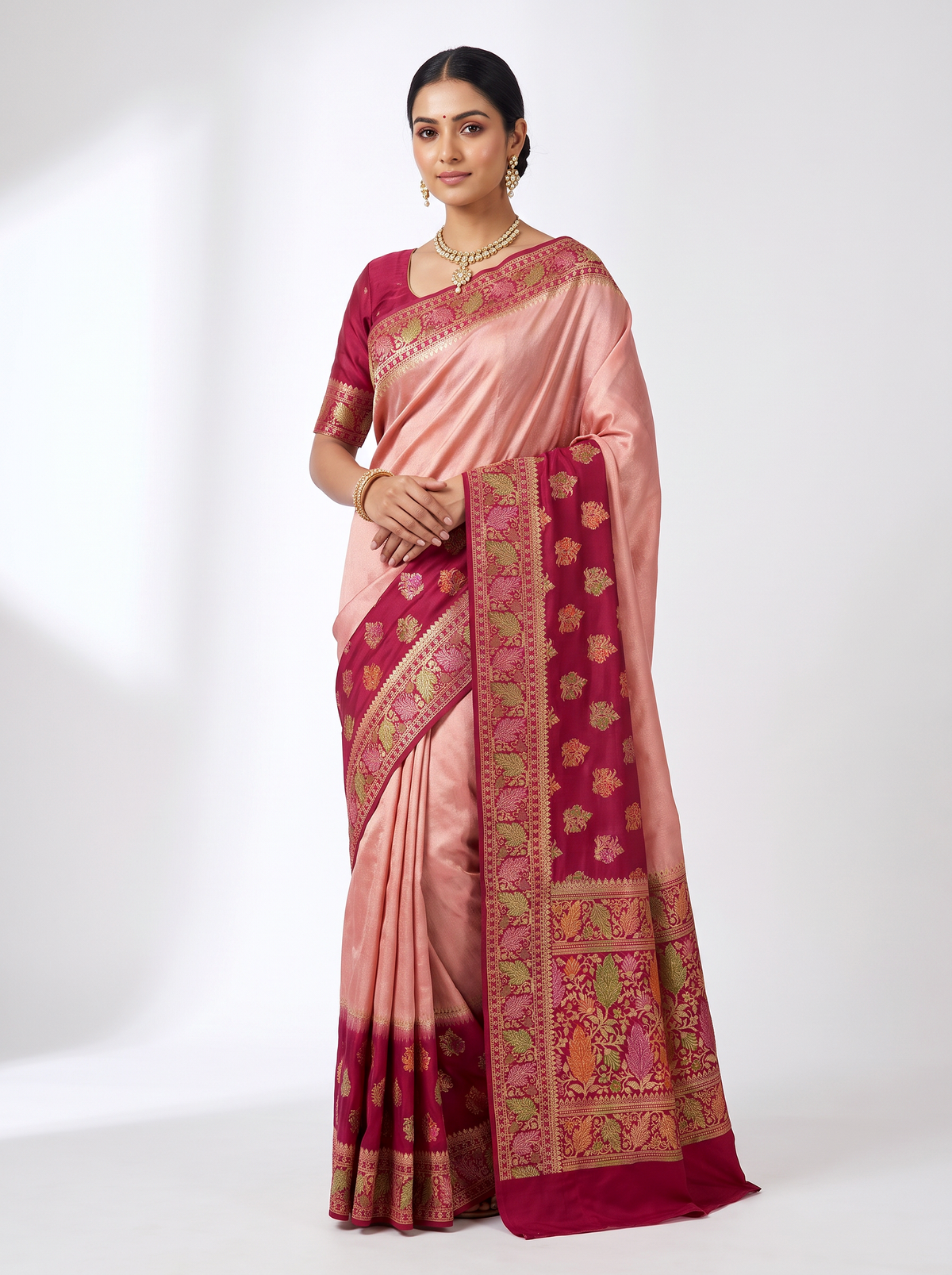 Deep Red + Rose Pink + Beige Meenakshi silk saree with festive border