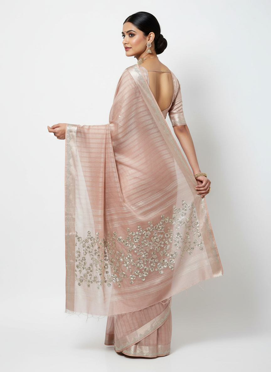 Peach Pink Sequence Work Saree with Running Blouse - pallu view