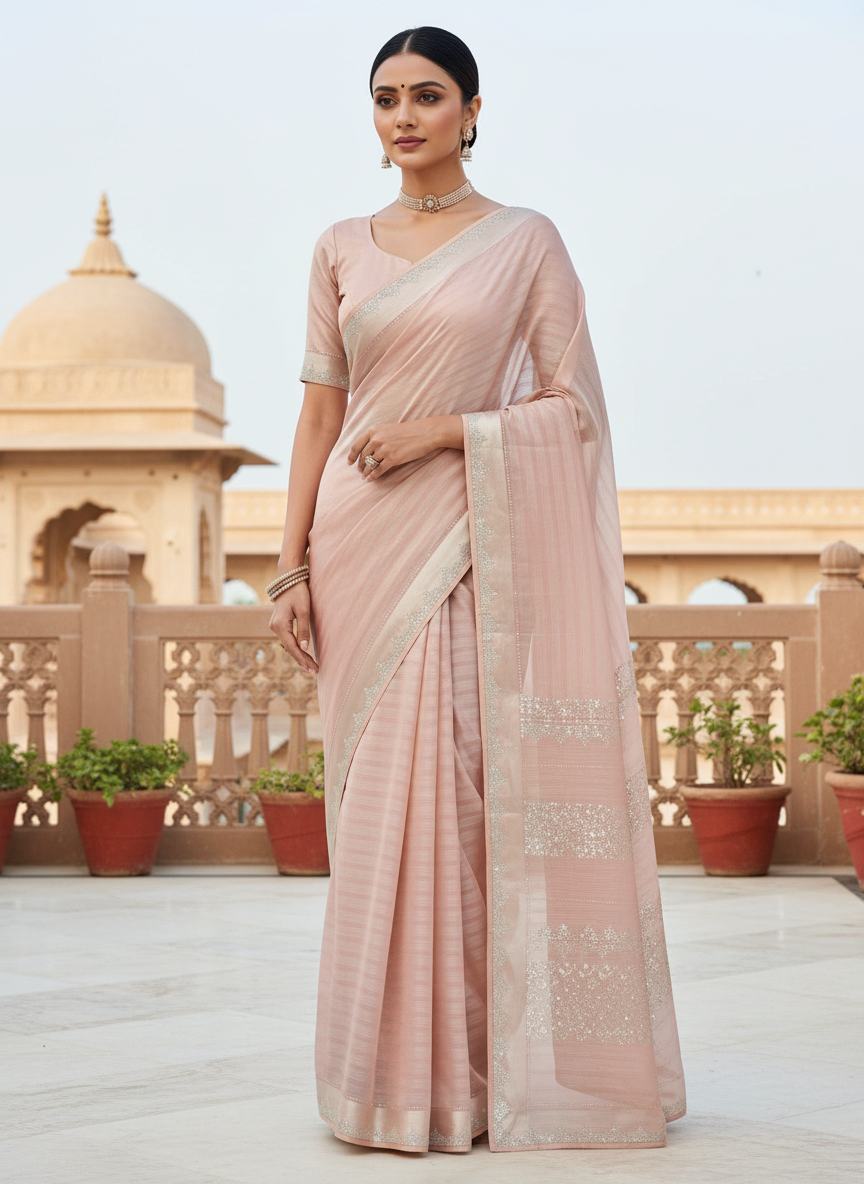 Peach Pink Sequence Work Saree with Running Blouse - outdoor luxury view