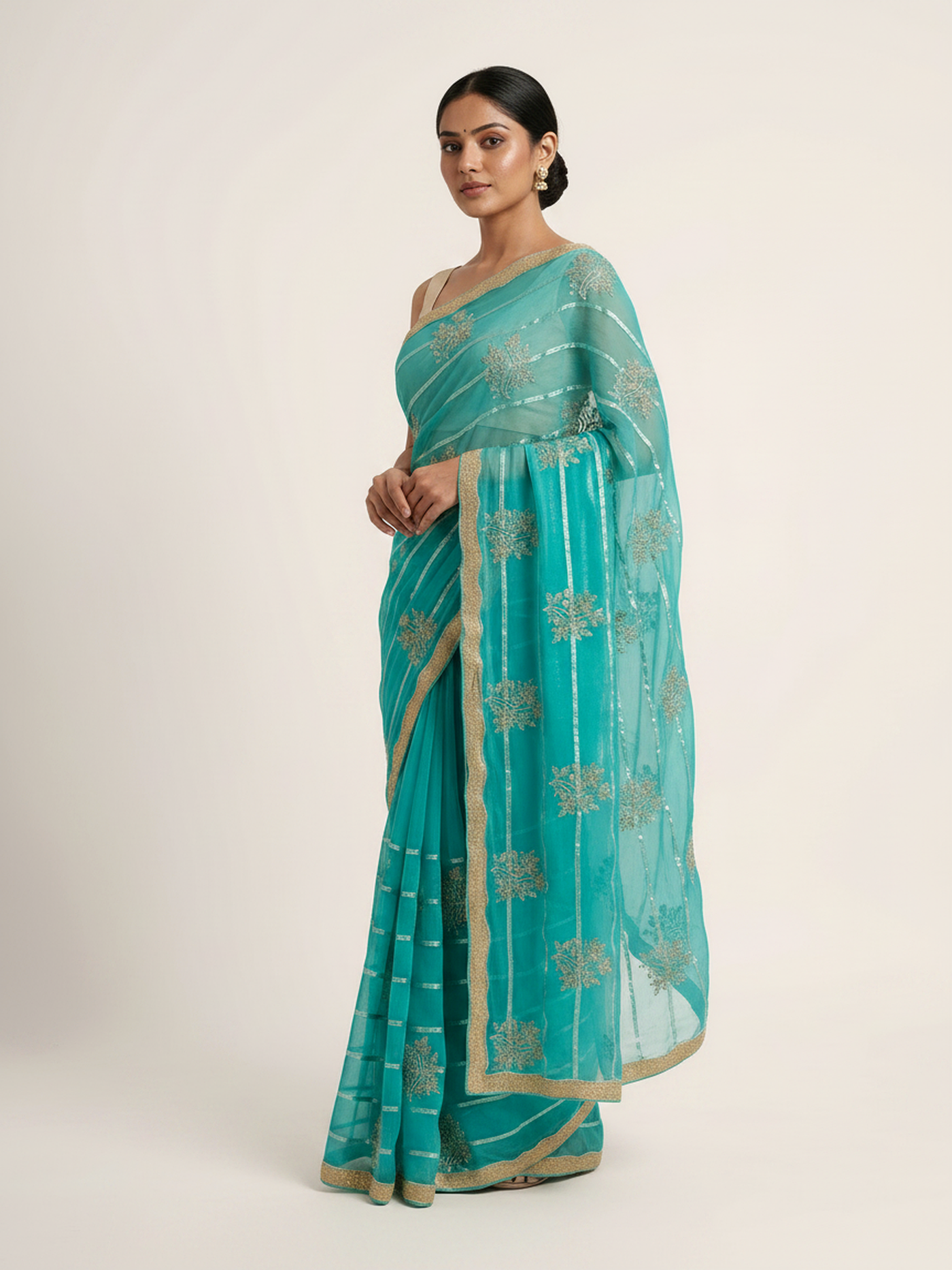 Diamond Chiffon Saree with All Over Sequence Work & Blouse - Sea Green front drape