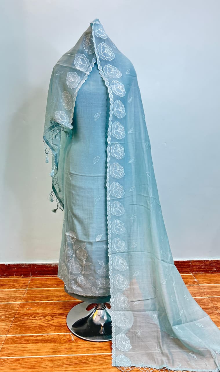 Mul Chanderi Unstitched Suit Material - Powder Blue Botanical Print - Bana