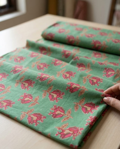 Cotton Handloom Print Than Fabric - Sage Green - Bana
