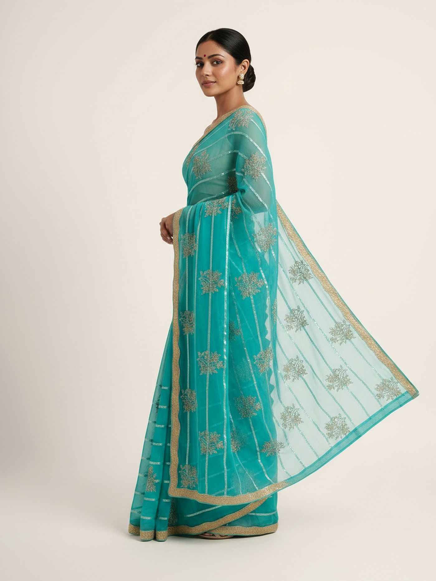 Diamond Chiffon Saree with All Over Sequence Work & Blouse - Sea Green pallu showcase