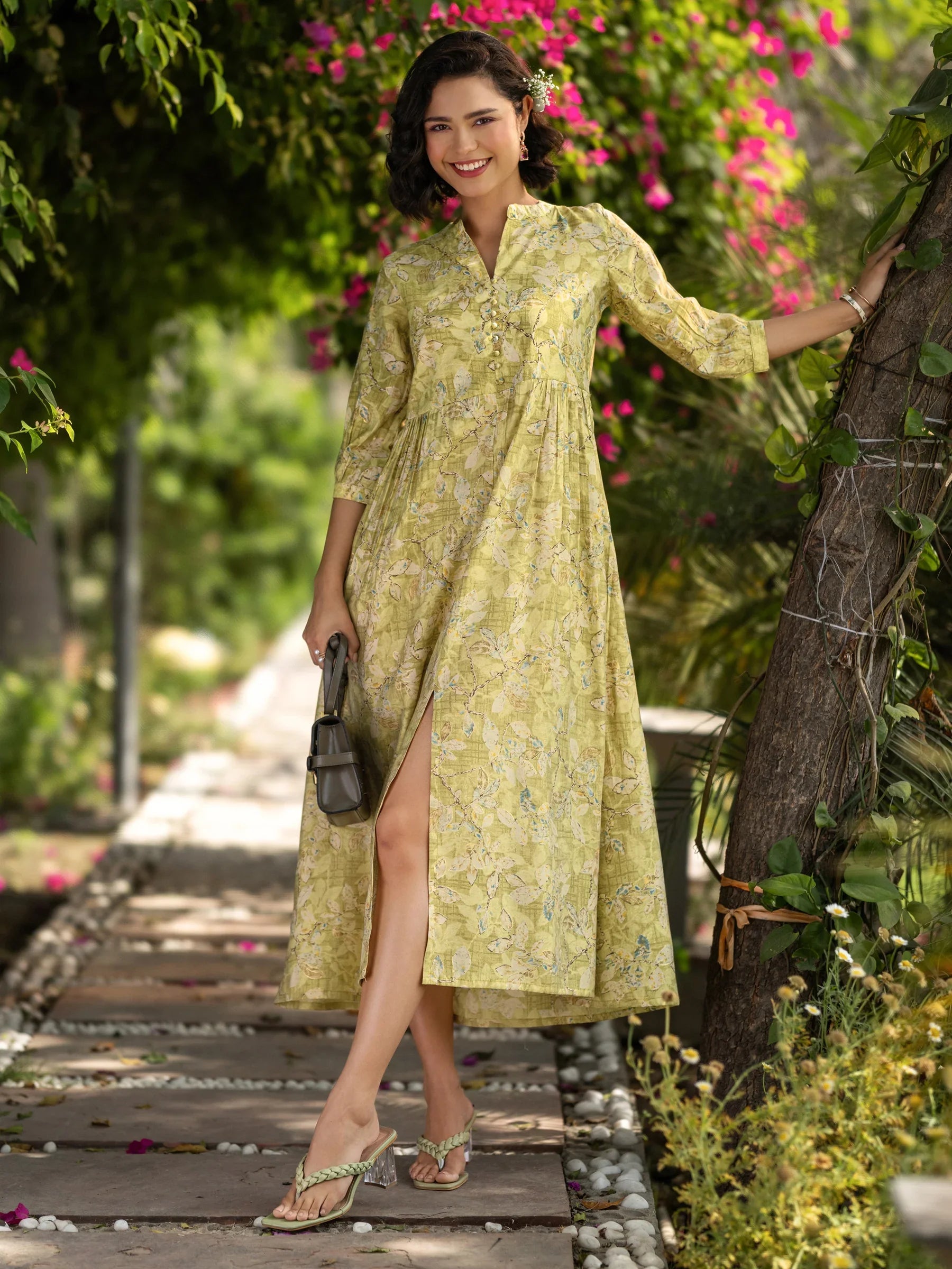 Olive Printed Silk Blend A-Line One Piece Dress