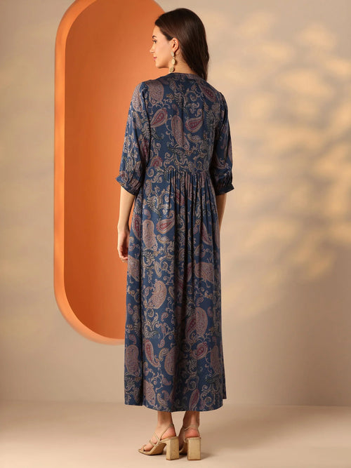 Blue Printed Rayon Fit And Flare One Piece Dress