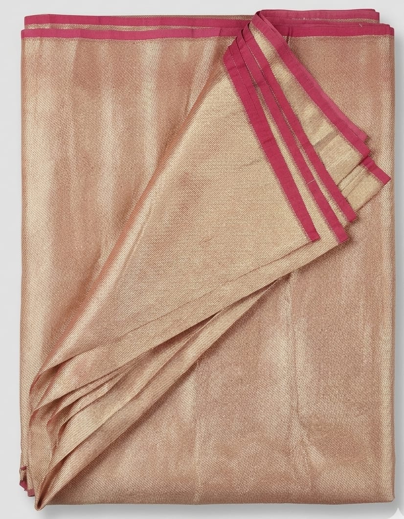 Pure Banarasi Zari Silk Than Fabric - Brass Gold Maroon Border - Bana