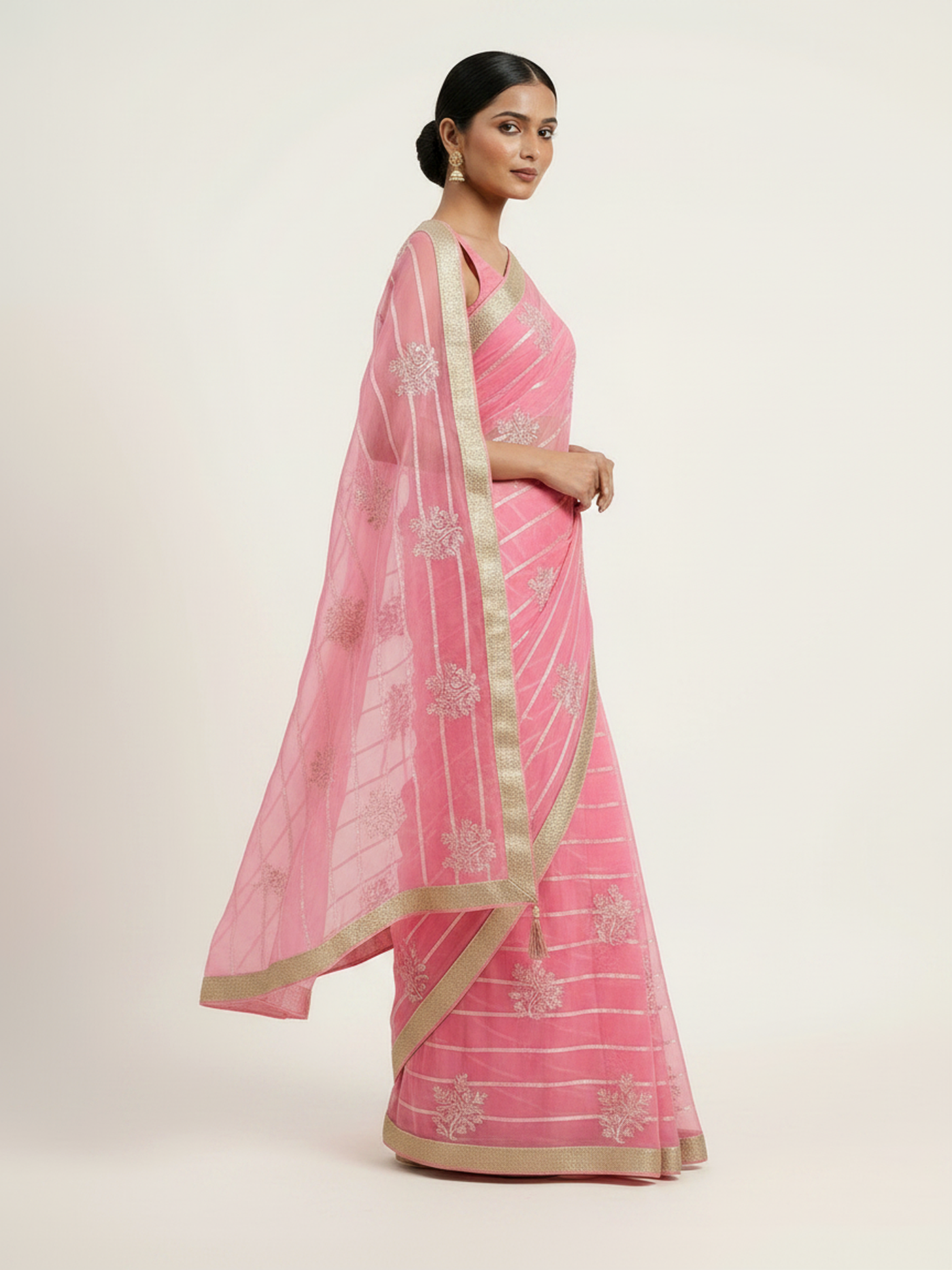 Diamond Chiffon Saree with All Over Sequence Work & Blouse - Rose Pink pallu showcase