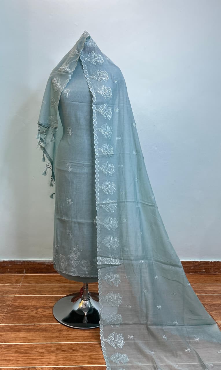 Mul Chanderi Unstitched Suit Material - Teal Blue Floral Print - Bana