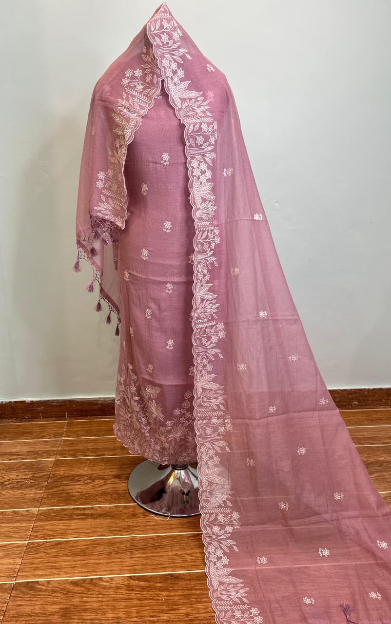 Mul Chanderi Unstitched Suit Material - Deep Red Botanical Print - Bana