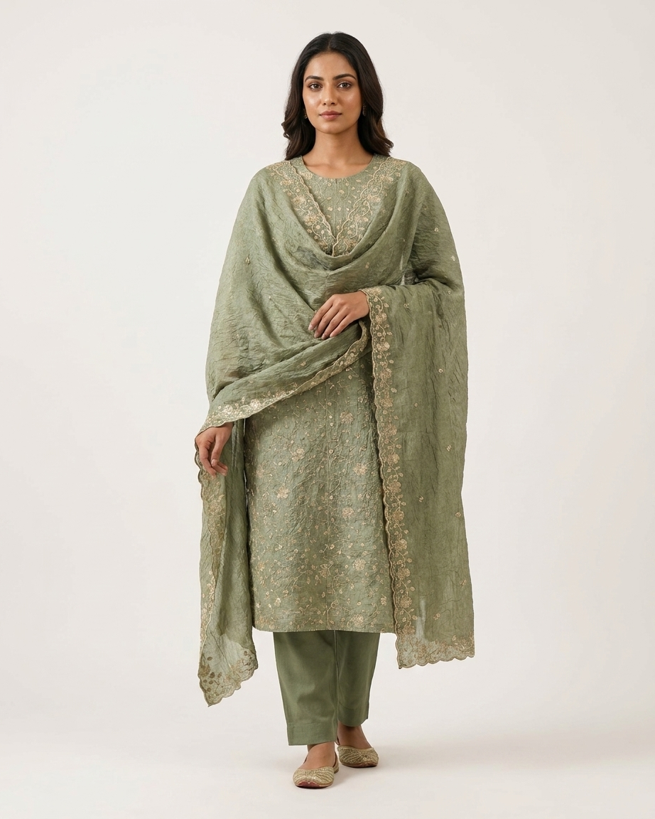 Heavy Crushed Chinon Top-Bottom Concept Unstitched Suit Material - Olive Green full fabric view