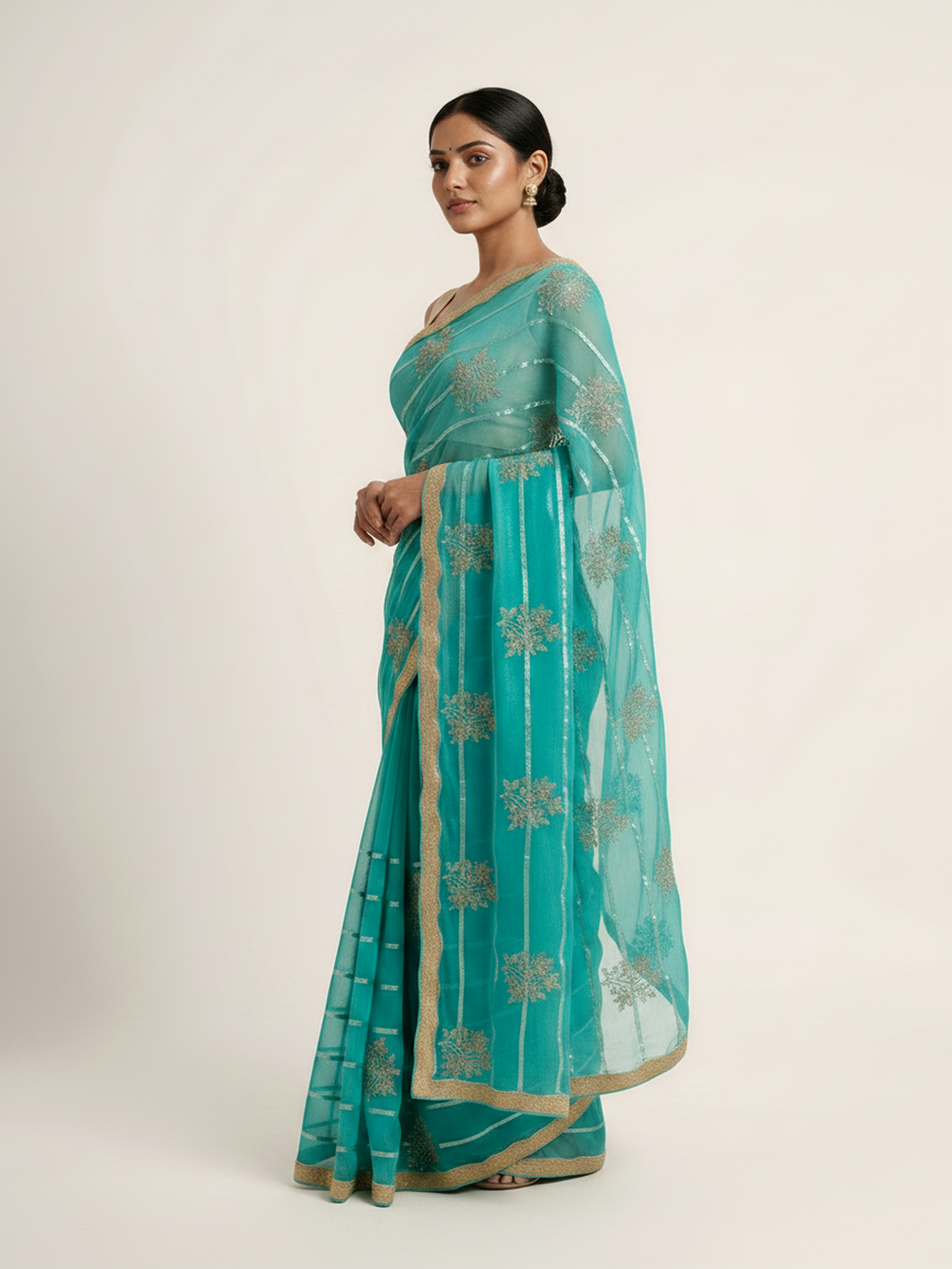 Diamond Chiffon Saree with All Over Sequence Work & Blouse - Sea Green side drape