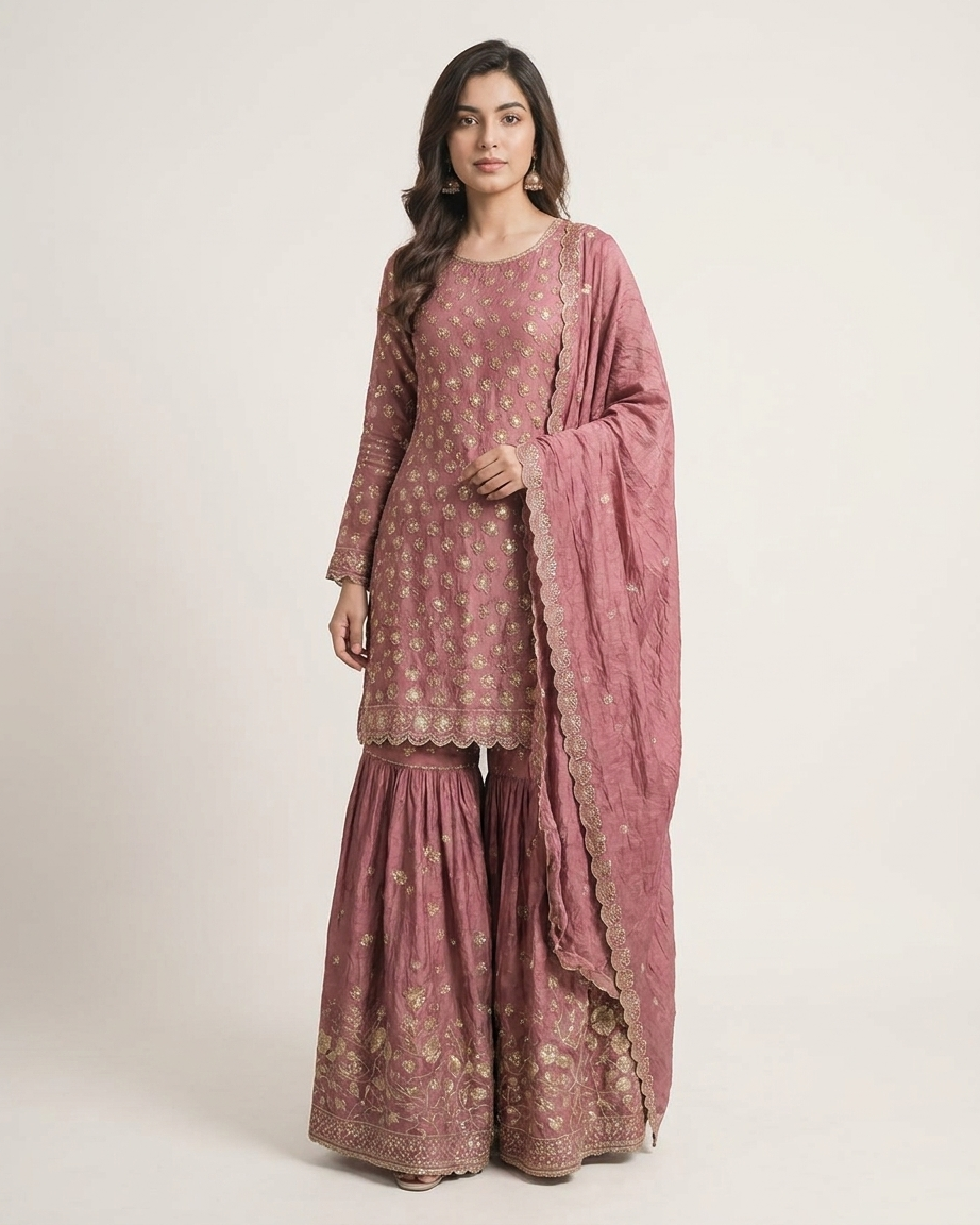 Heavy Crushed Chinon Top-Bottom Concept Unstitched Suit Material - Dusty Pink full fabric view