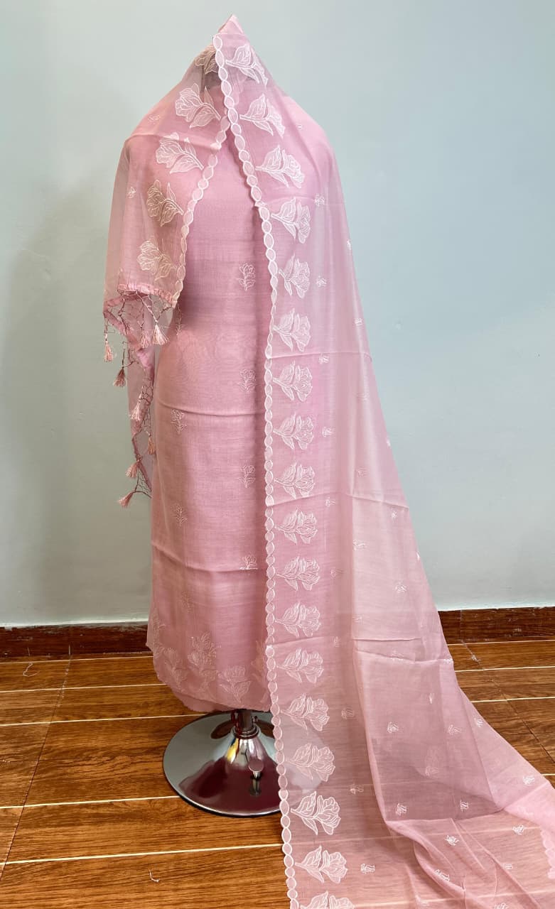 Mul Chanderi Unstitched Suit Material - Deep Red Traditional Motif - Bana