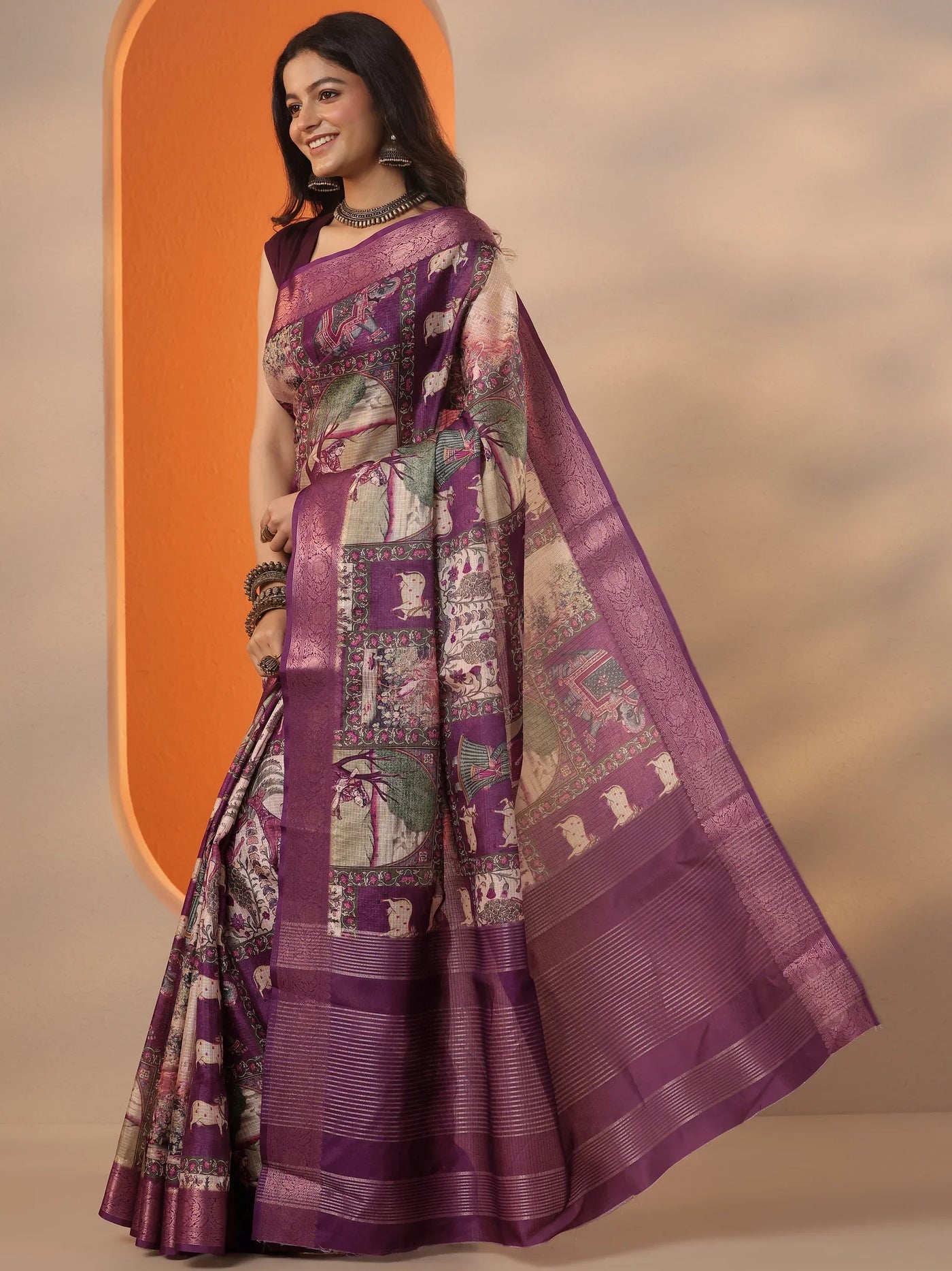 Burgundy Tribal Printed Kota Saree With Unstitched Blouse Piece