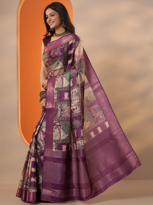 Burgundy Tribal Printed Kota Saree With Unstitched Blouse Piece