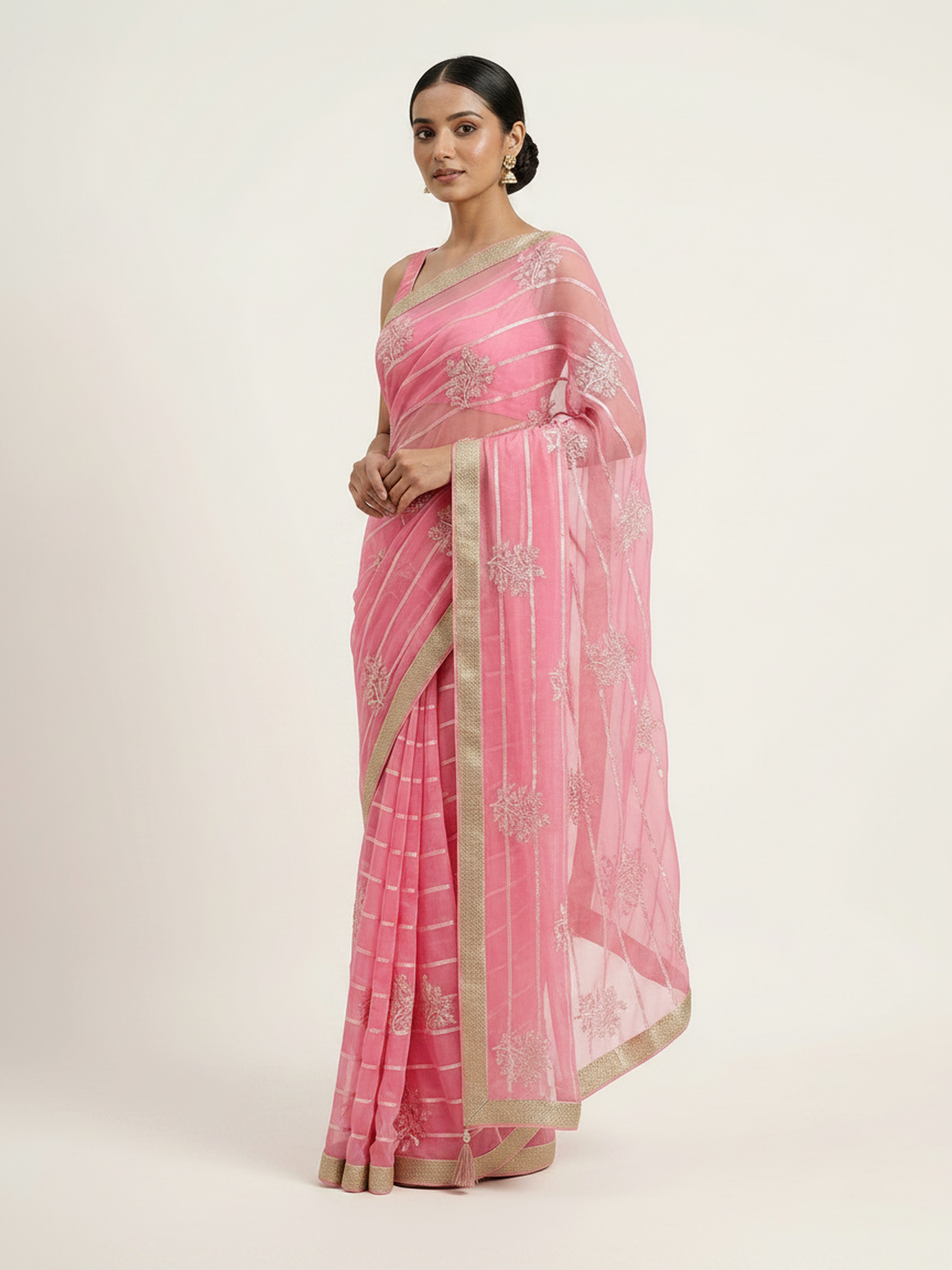 Diamond Chiffon Saree with All Over Sequence Work & Blouse - Rose Pink front drape