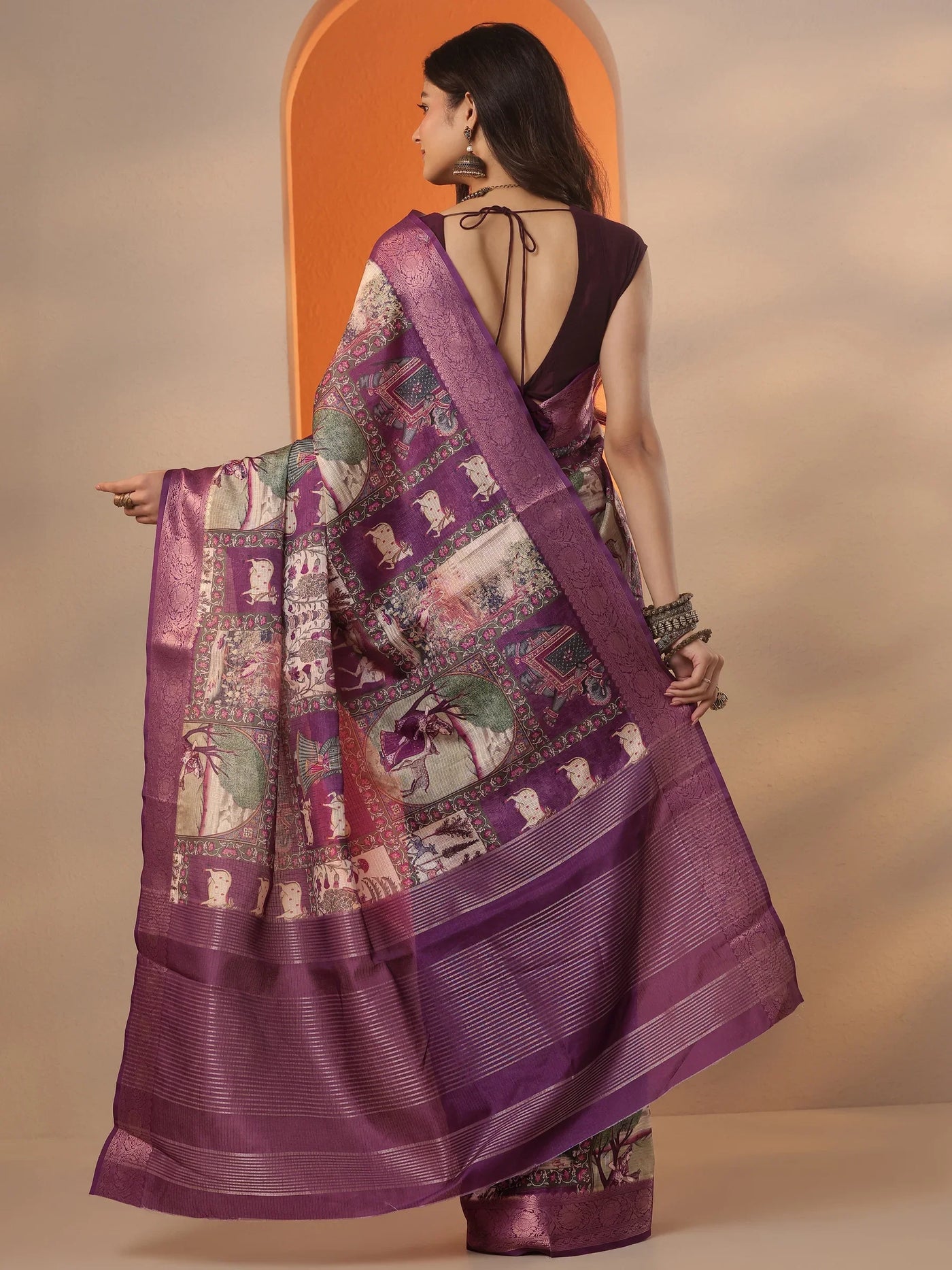 Burgundy Tribal Printed Kota Saree With Unstitched Blouse Piece