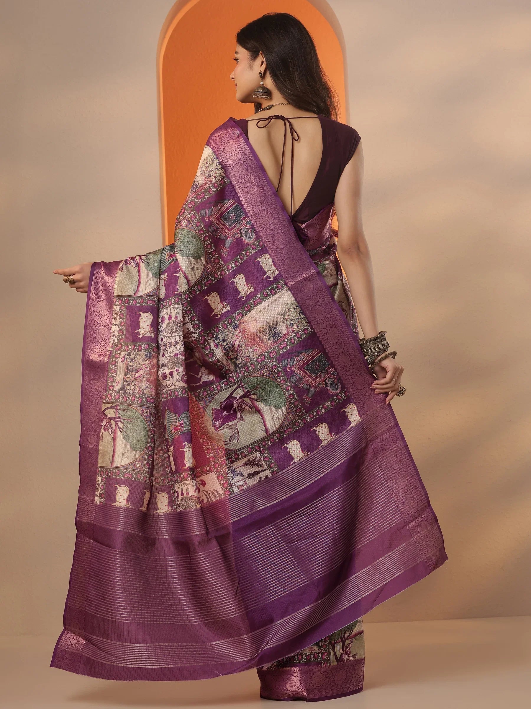 Burgundy Tribal Printed Kota Saree With Unstitched Blouse Piece