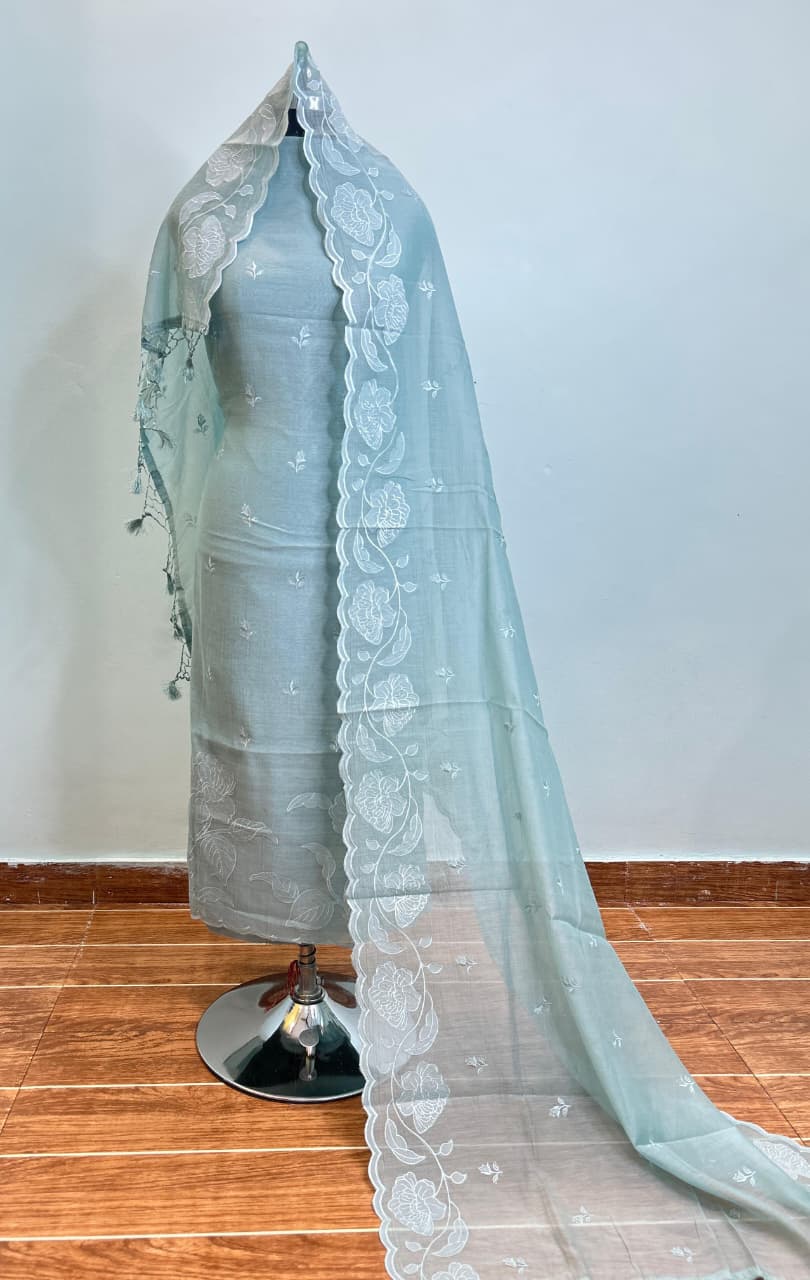 Mul Chanderi Unstitched Suit Material - Powder Blue Floral Print - Bana