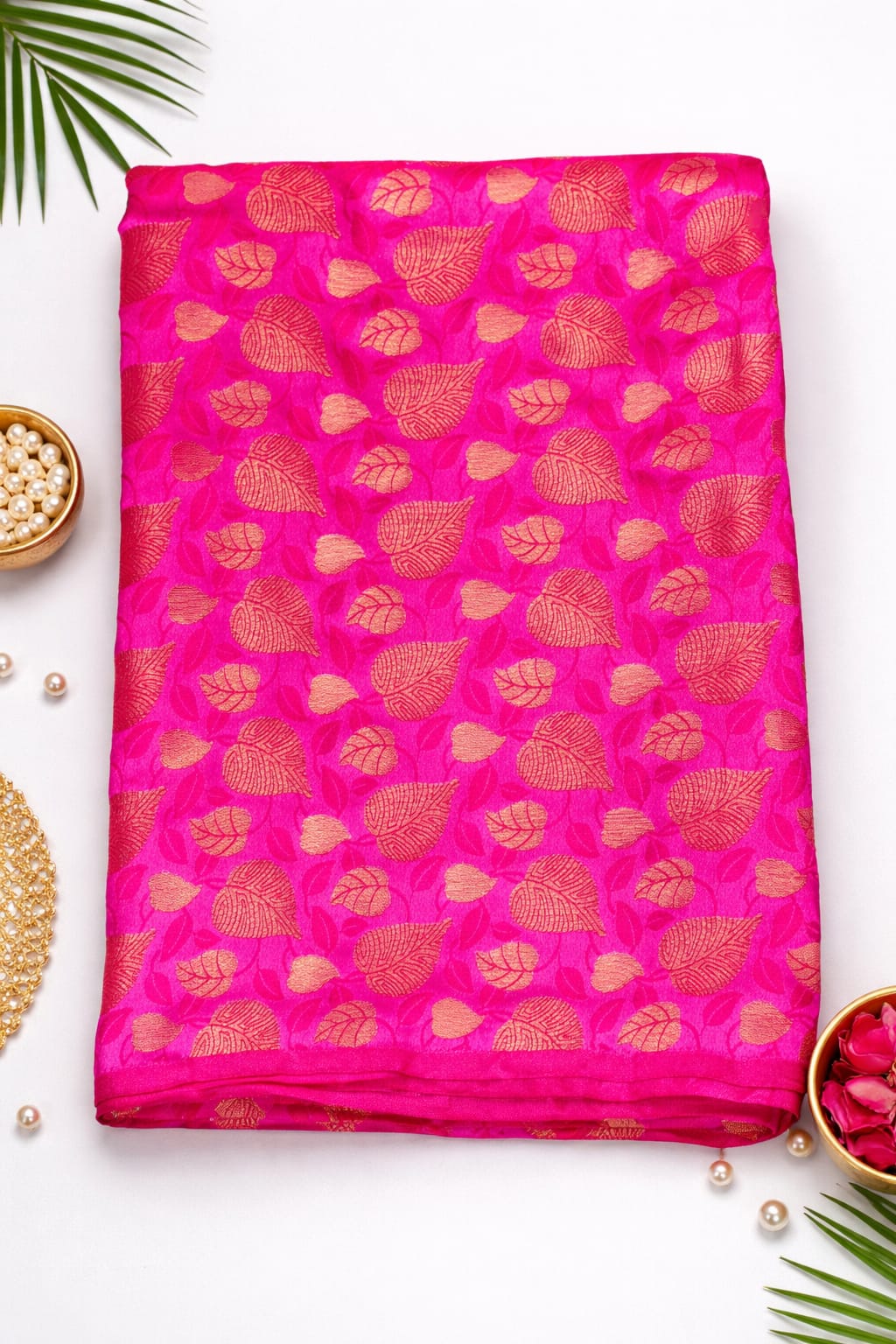 Chanderi Silk Leaf Design Than Fabric - Rani Pink - Bana