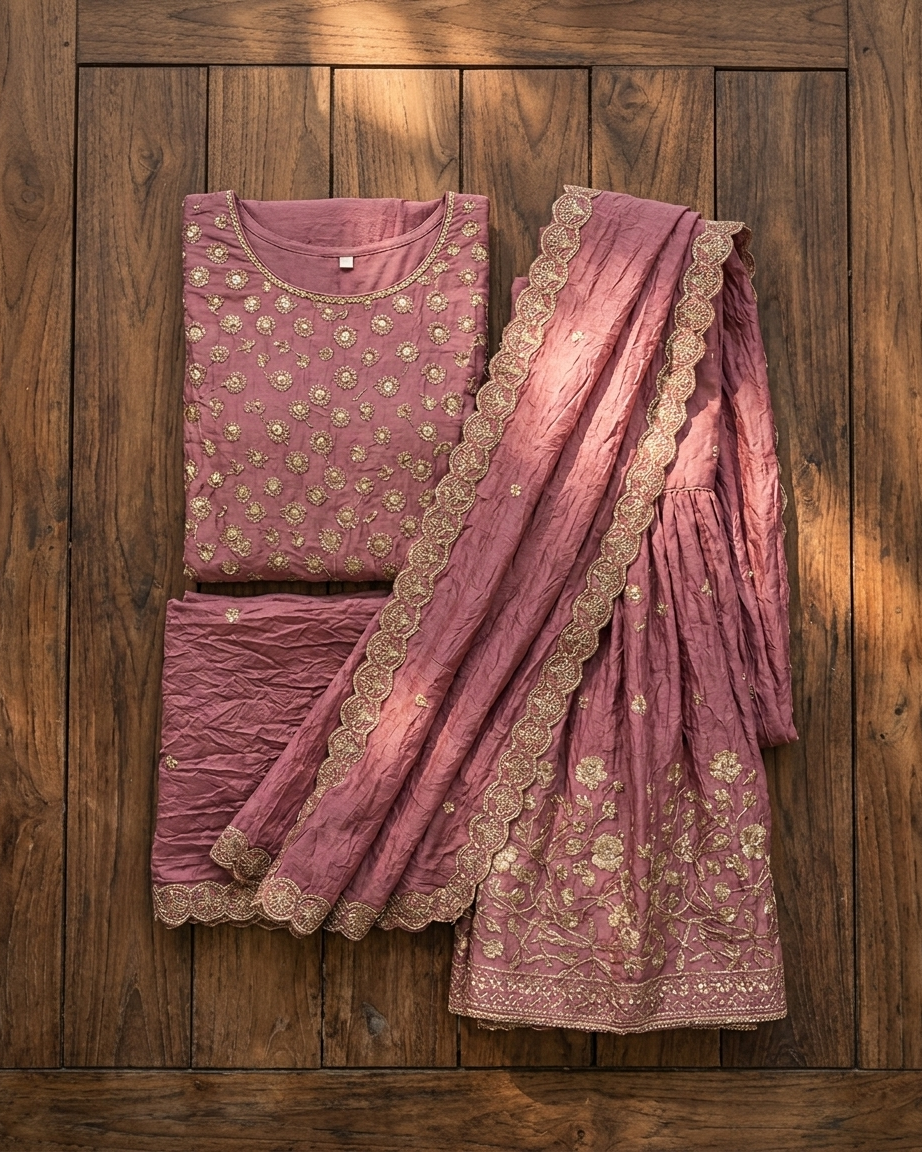 Heavy Crushed Chinon Top-Bottom Concept Unstitched Suit Material - Dusty Pink front/detail view