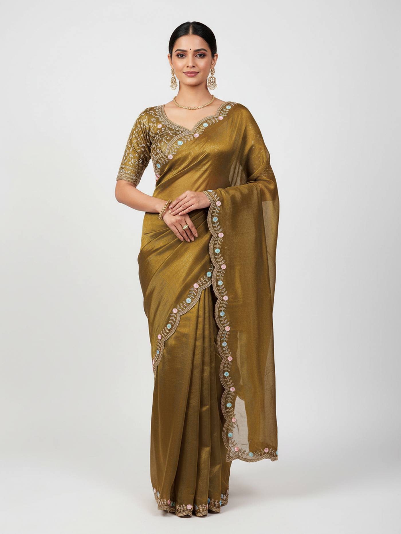 Rama Green & Dark Mustard Gimichu Satin Silk Saree with Heavy Embroidery Blouse - front drape