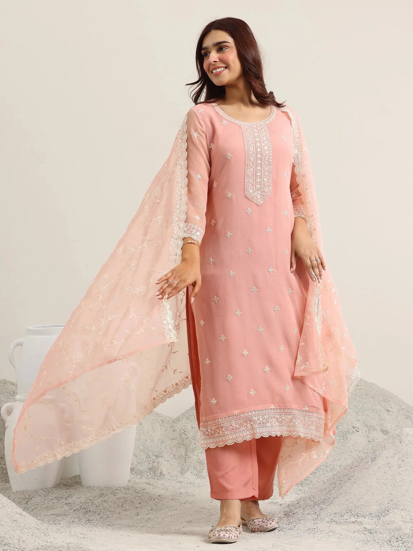 Peach Embroidered Poly Chiffon Straight Suit With Dupatta