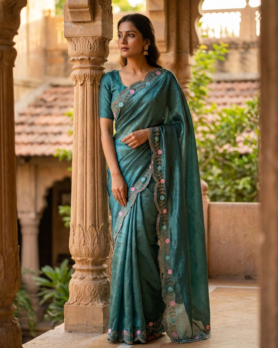 Rama Green & Dark Mustard Gimichu Satin Silk Saree with Heavy Embroidery Blouse