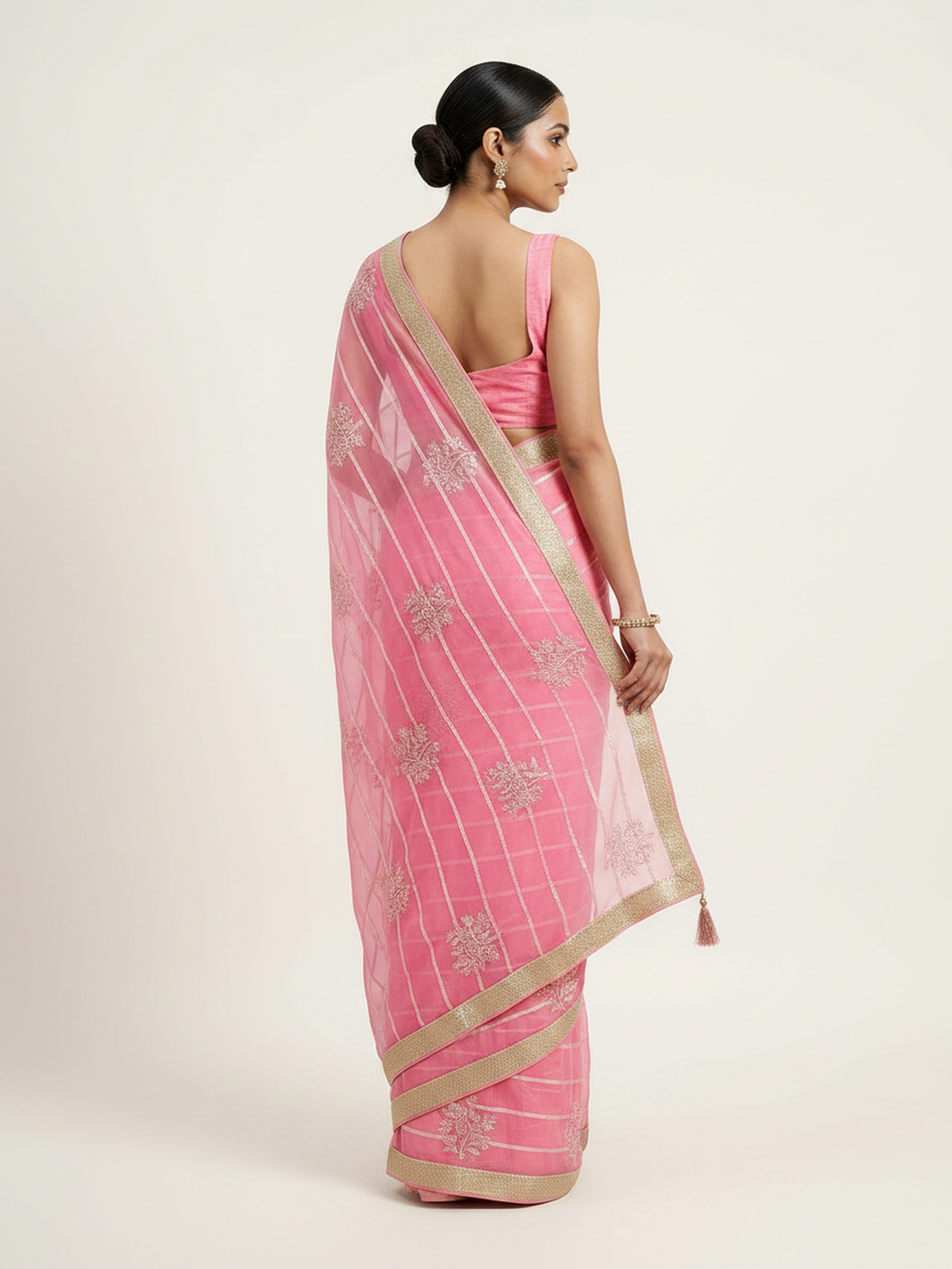 Diamond Chiffon Saree with All Over Sequence Work & Blouse - Rose Pink back view
