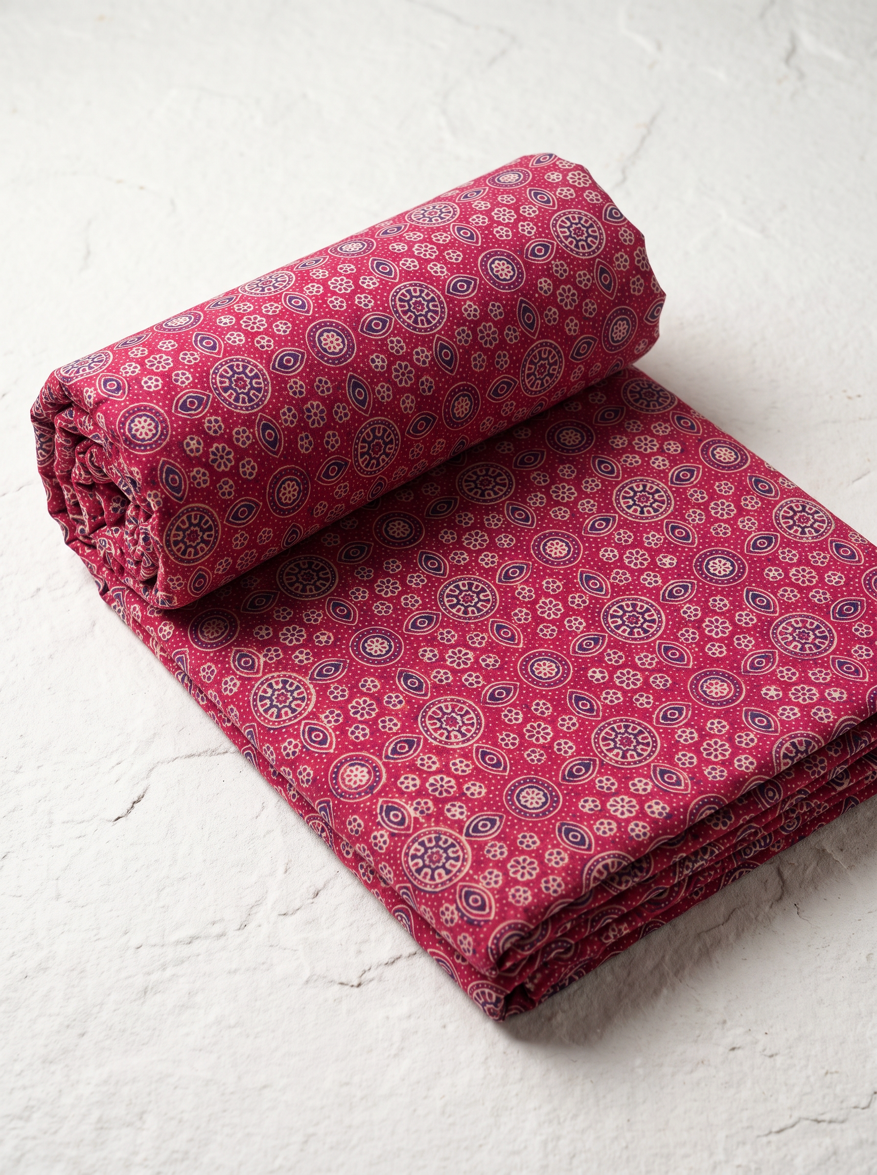 Rani Pink Ajrakh Print Cotton Than Fabric sold by meter at Bana