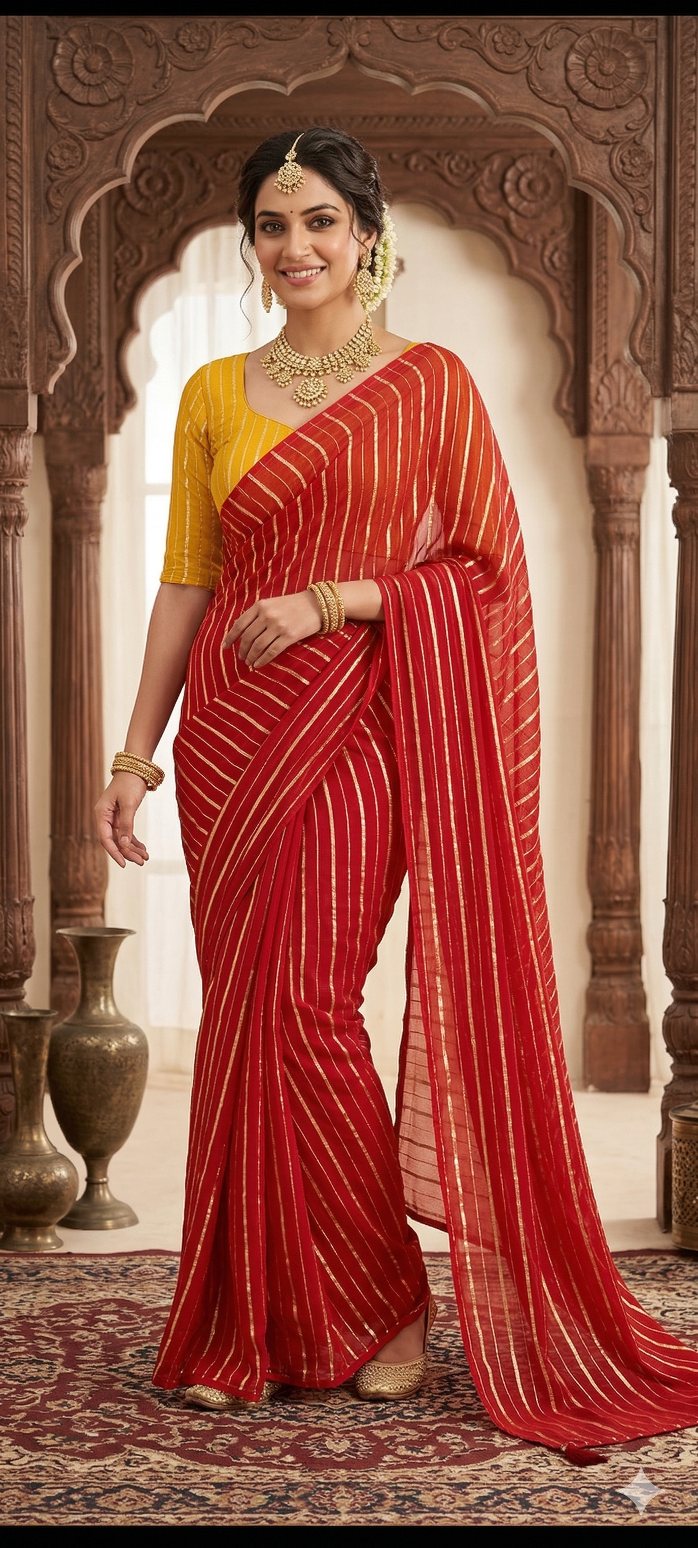 Red Organza Silk Striped Saree with Contrasting Yellow Blouse (5.5m)