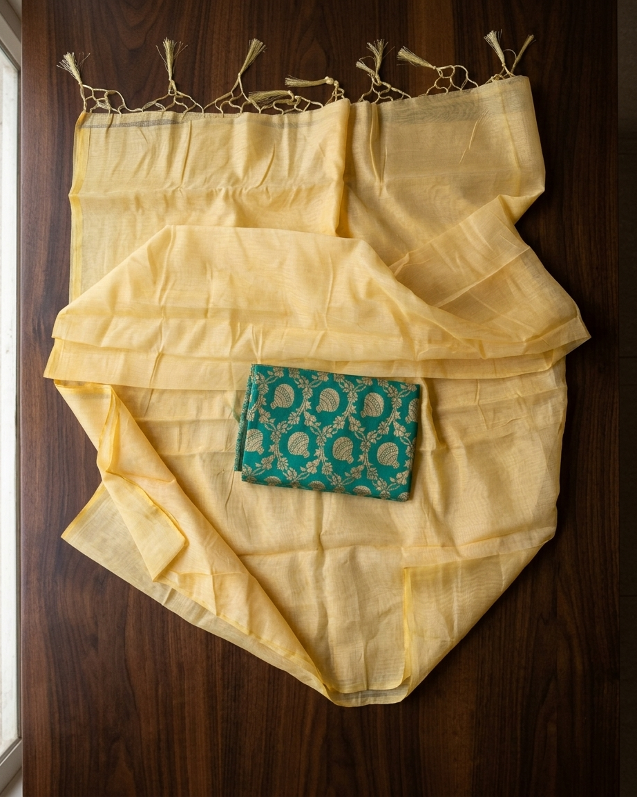 Plain Mul Chanderi Saree with Brocade Blouse - Butter Yellow detail view