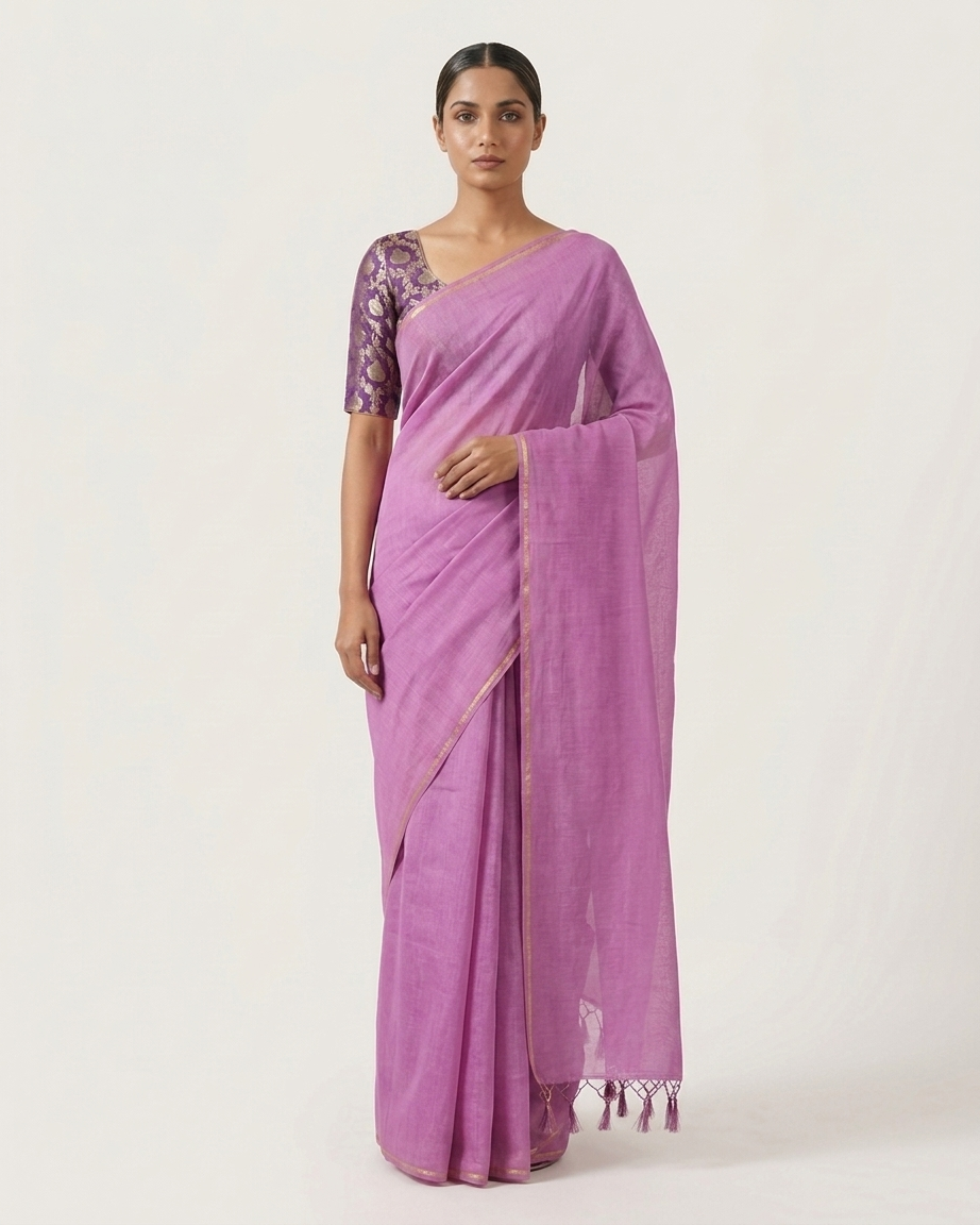 Plain Mul Chanderi Saree with Brocade Blouse - Orchid Pink