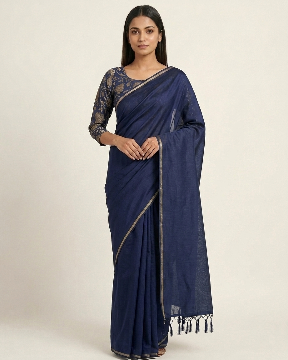 Plain Mul Chanderi Saree with Brocade Blouse - Navy Blue