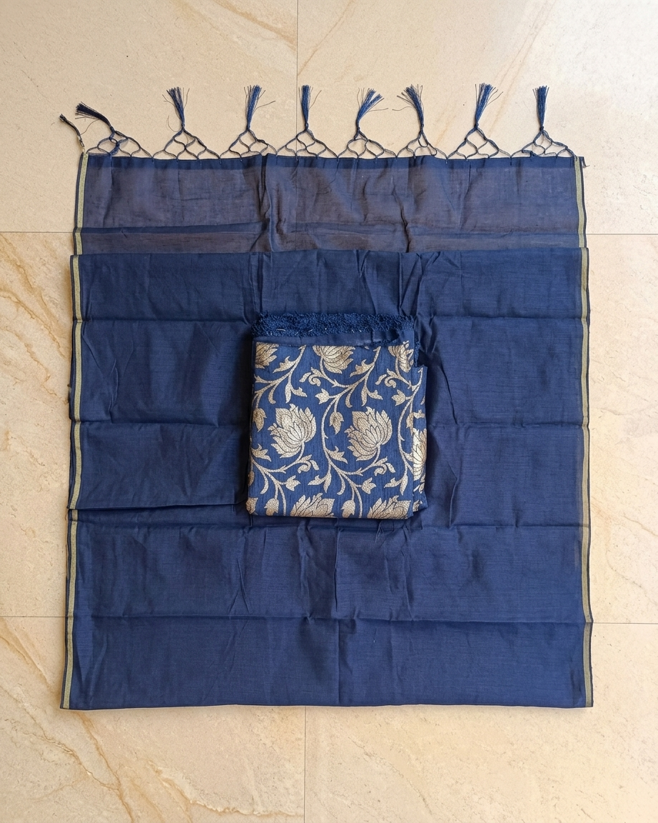 Plain Mul Chanderi Saree with Brocade Blouse - Navy Blue detail view