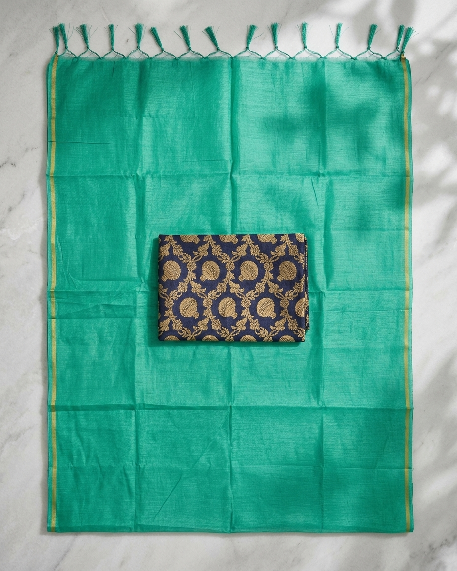 Plain Mul Chanderi Saree with Brocade Blouse - Sea Green detail view