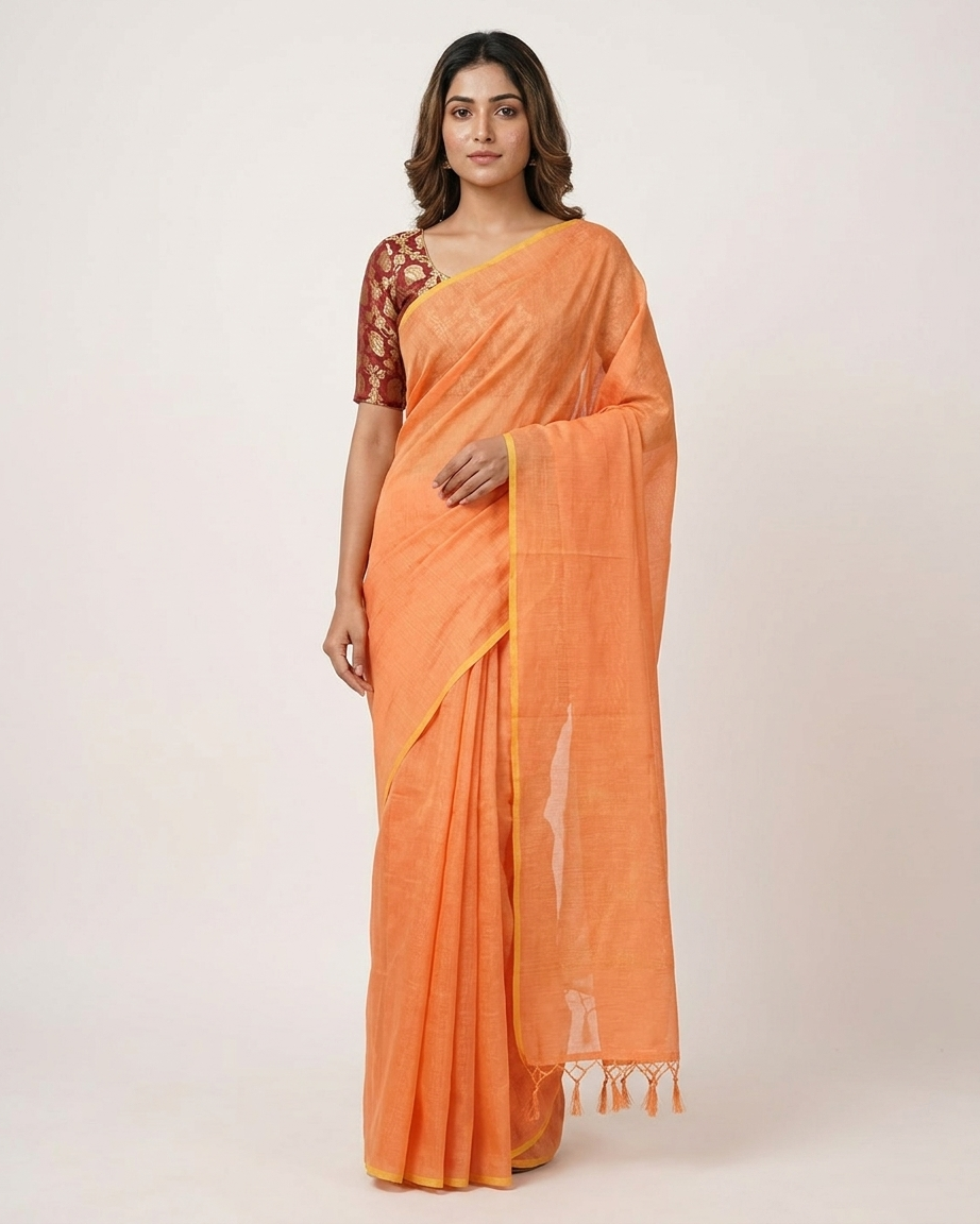 Plain Mul Chanderi Saree with Brocade Blouse - Saffron Orange