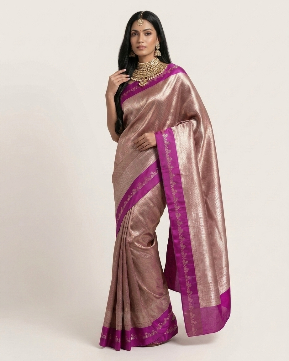 Pure Brocade Tissue Saree Geometric Design Satin Border - Rose Mauve & Gold