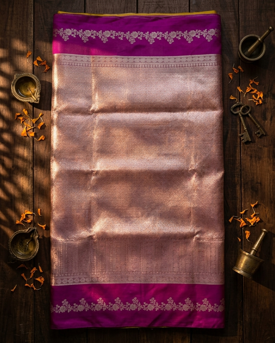 Pure Brocade Tissue Saree Geometric Design Satin Border - Rose Mauve & Gold folded view