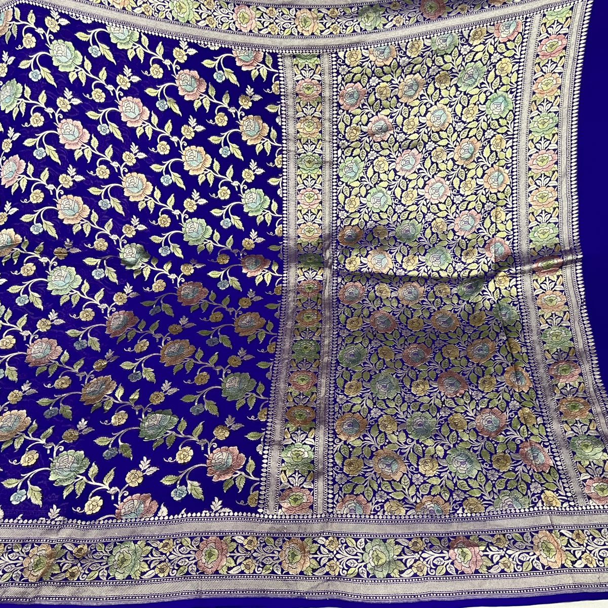 Royal Blue Pure Khadi Chiffon Saree with Hand Brush Paint Floral Pallu