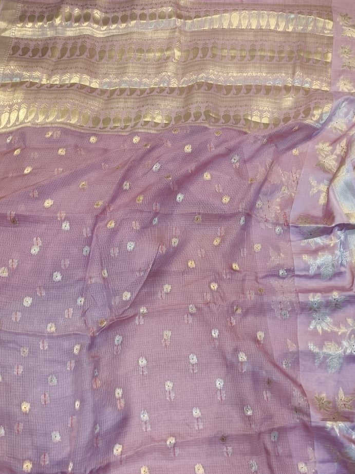 Pure Kota Doria Saree with Meena Work and Golden Zari Pallu - Wine Maroon with Beige Blouse