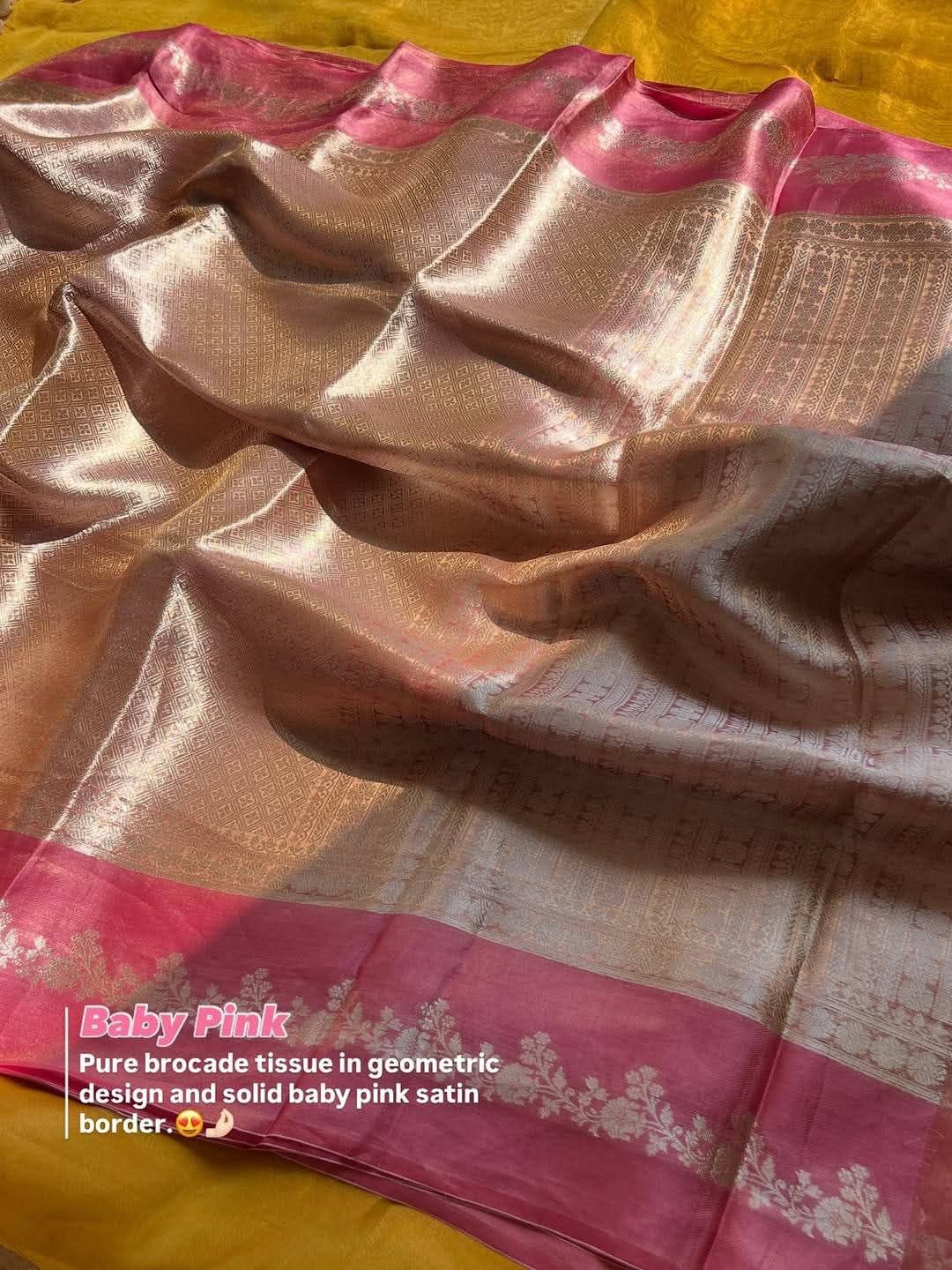 Pure Brocade Tissue Saree Geometric Design Satin Border