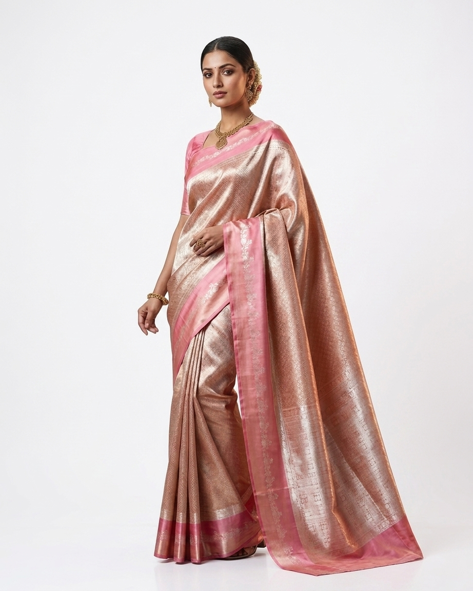 Pure Brocade Tissue Saree Geometric Design Satin Border - Baby Pink & Gold